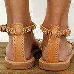 Women's rhinestone flat sandals with large size, word buckle strap design by Plush Fashion Hub, showcasing the stylish footwear.