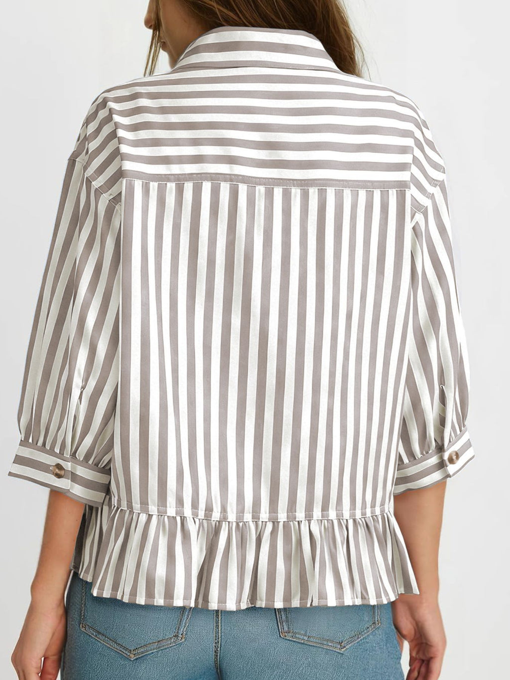 Women's striped button-down blouse with ruffled hem, lightweight viscose fabric, featuring a stylish pattern and casual fit.