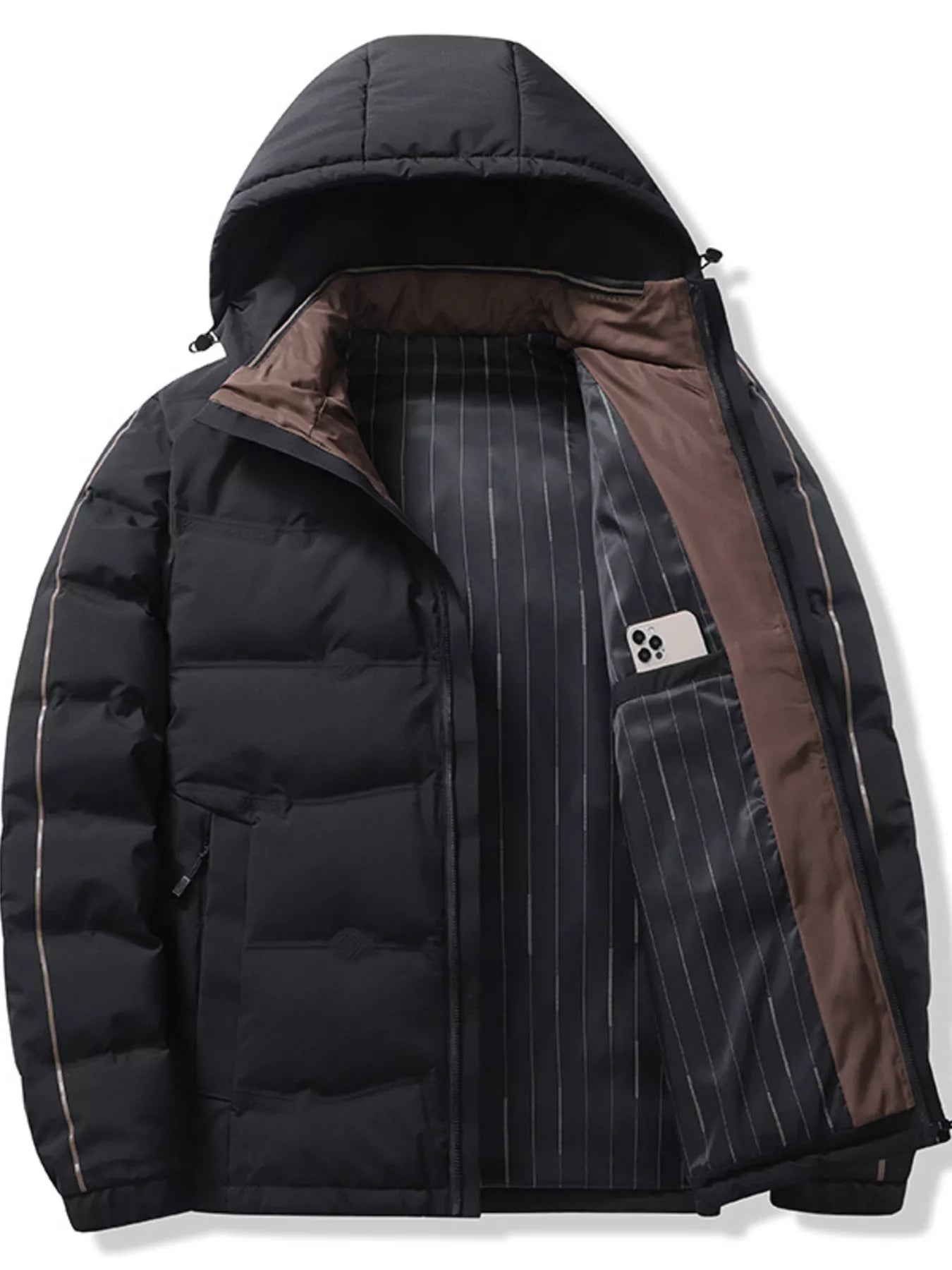 Plus size men's warm padded hooded winter puffer jacket by Shopimist, featuring a quilted design and front zipper closure.