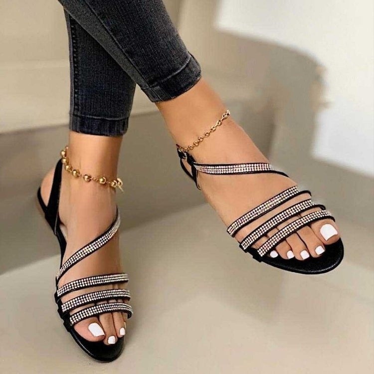 Plush Fashion Hub low top round toe solid color fish mouth flat sandals with rhinestone accents and breathable design.