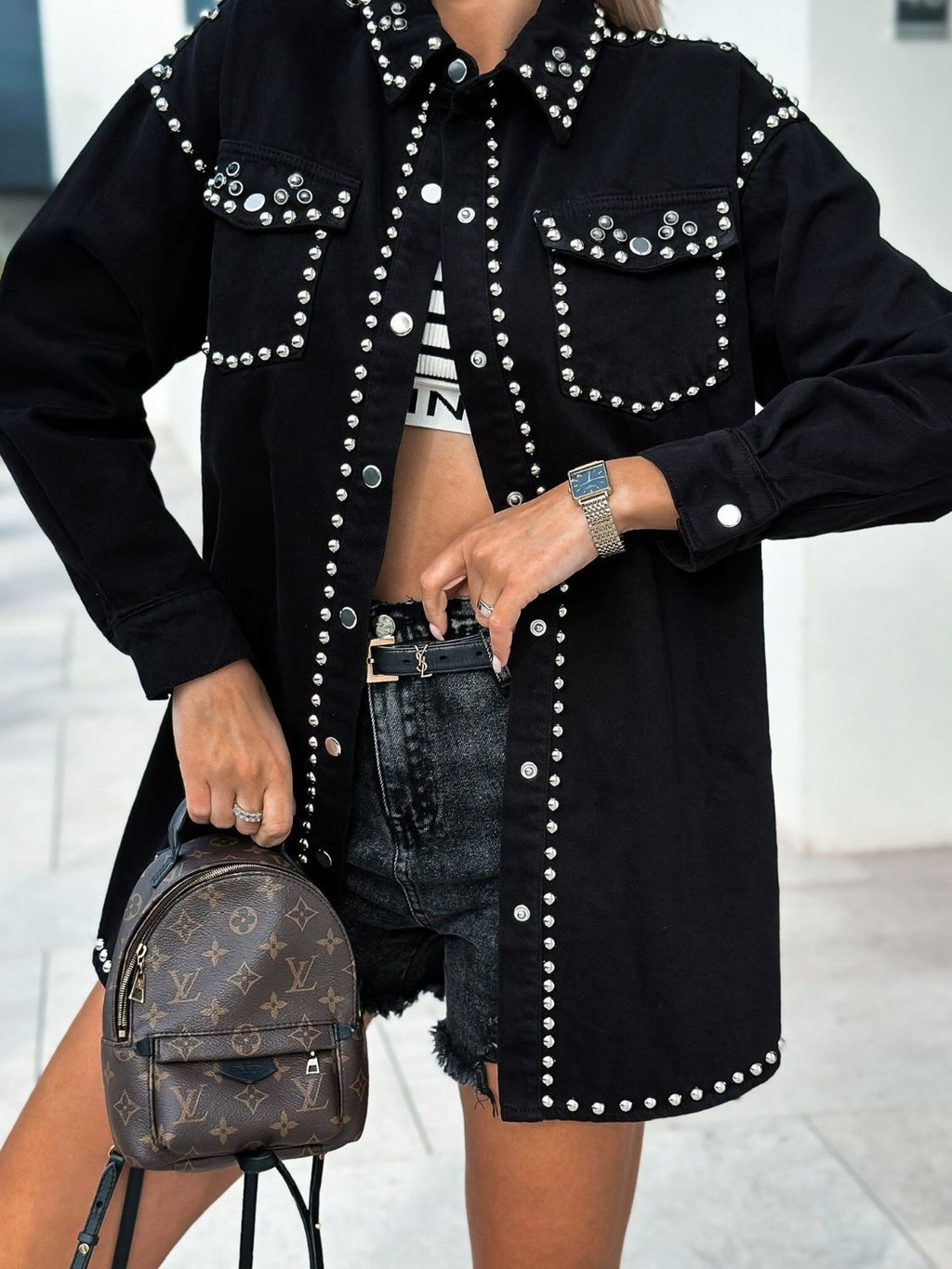VYSN studded snap down long sleeve denim shacket with buttoned front and studded details, casual fashion outerwear.