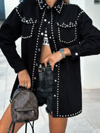 VYSN studded snap down long sleeve denim shacket with buttoned front and studded details, casual fashion outerwear.