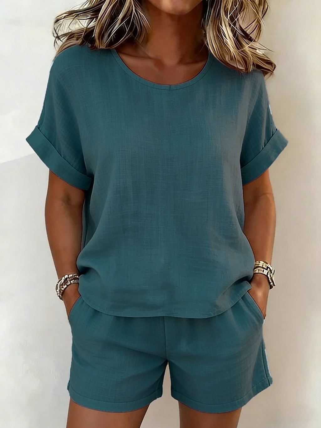 Solid-color cotton linen T-shirt and shorts set by FitiqueFit, featuring a casualwear style in multiple color options.