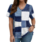 Light blue V-neck denim print short sleeve T-shirt by FitiqueFit, casualwear with loose fit and denim pattern, front view.