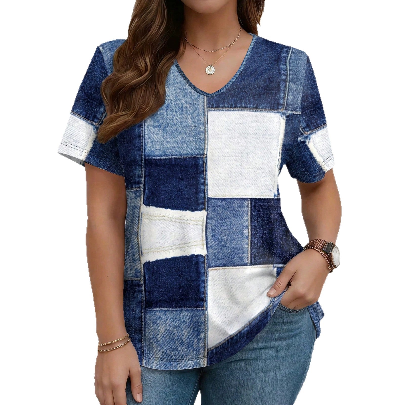 Light blue V-neck denim print short sleeve T-shirt by FitiqueFit, casualwear with loose fit and denim pattern, front view.