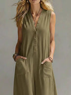 Plus size Shopimist sleeveless wide-leg jumpsuit with a V-neck, full length, and relaxed fit on a model.
