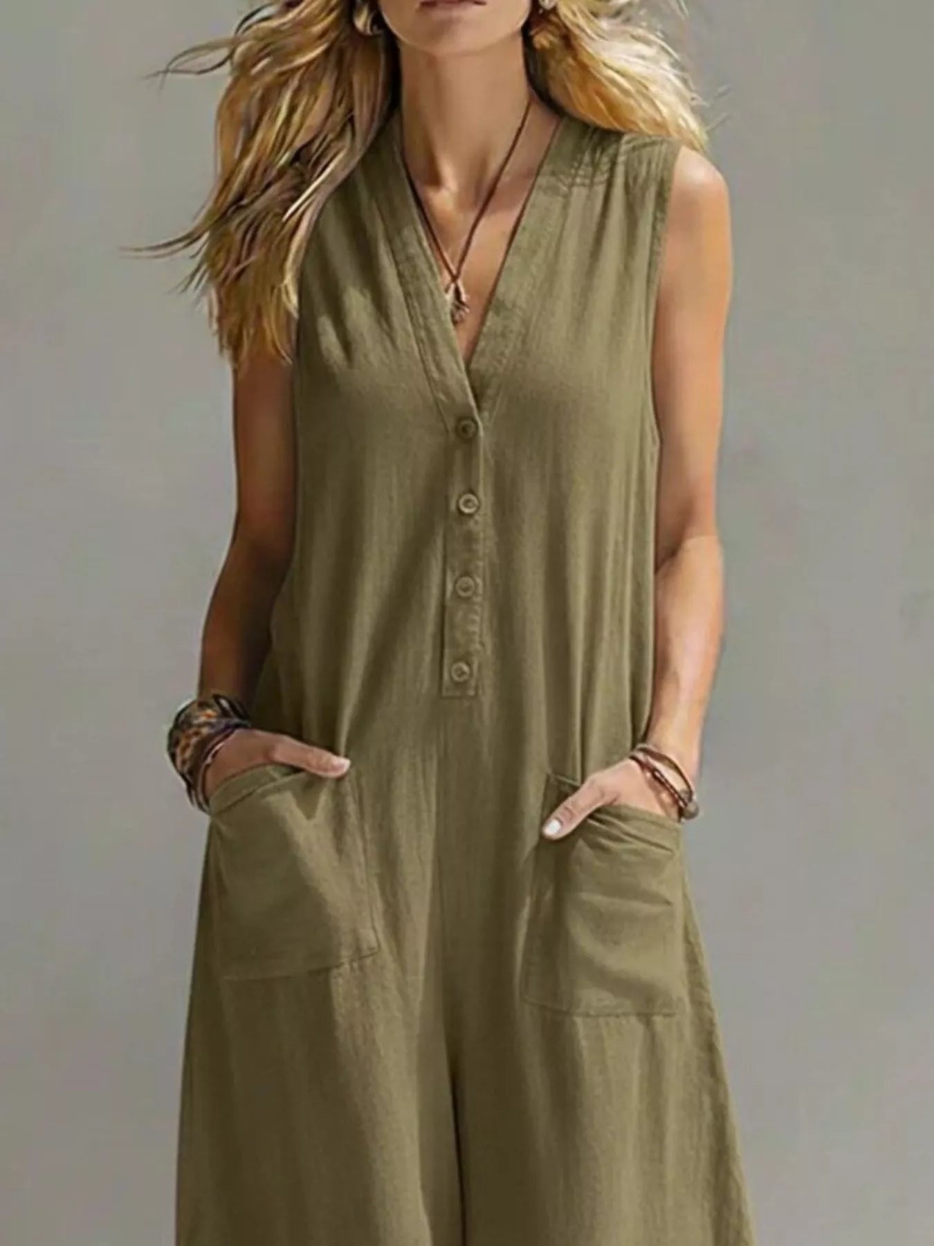 Plus size Shopimist sleeveless wide-leg jumpsuit with a V-neck, full length, and relaxed fit on a model.