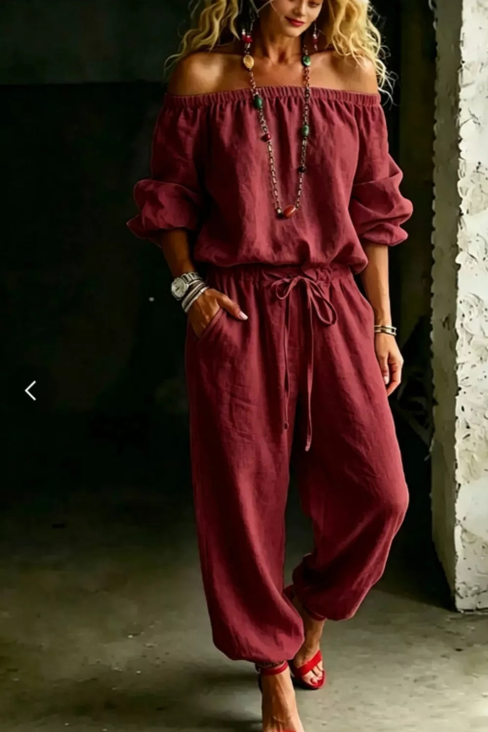 Plus size off-shoulder top and pants set by Plush Fashion Hub, featuring a stylish full-size matching outfit for women.