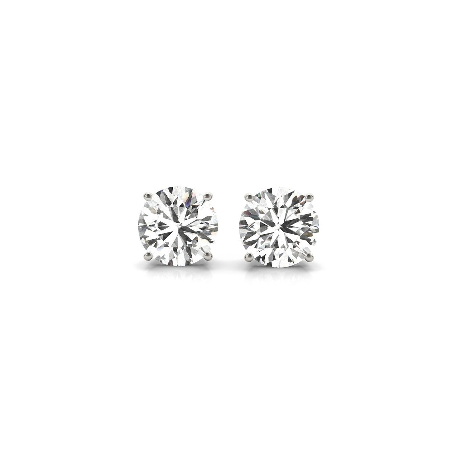 Certified IGI lab-grown round diamond stud earrings in 14k white gold, featuring G/VS2 diamonds with 2 ctw total weight.