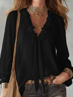 Plush Fashion Hub V-neck loose-fit casual shirt top in no-iron fabric, shown in four different colors.