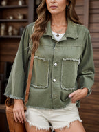 VYSN Raw Hem Button Up Denim Jacket showing classic blue denim with raw hem details and button front design.