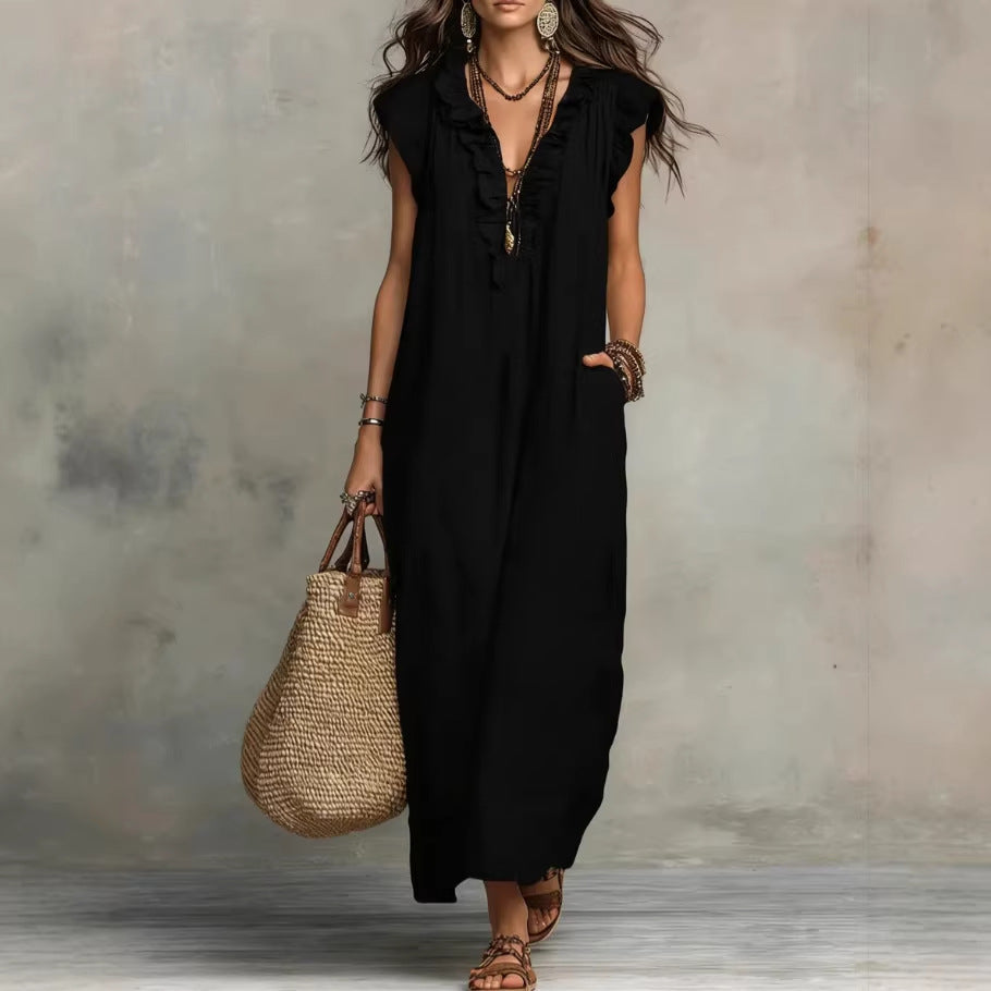 Women's spring summer elegant dress with ruffles and pockets by Plush Fashion Hub, featuring a flowing fabric and stylish design.