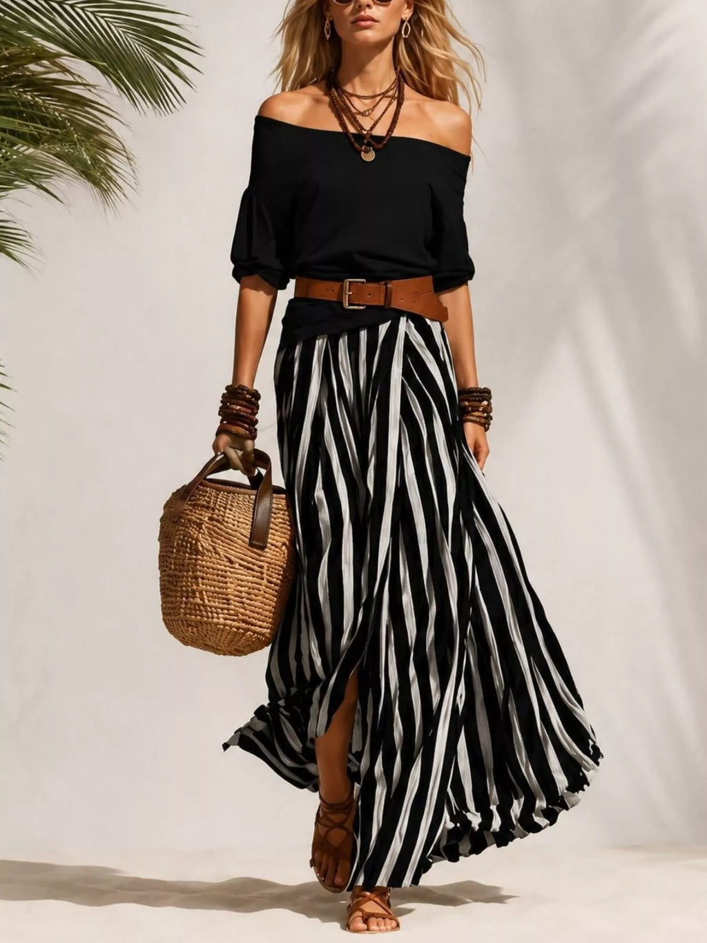 Off shoulder top and striped maxi skirt set by Shopimist, featuring a stylish, coordinated summer outfit with relaxed fit and bold stripes.