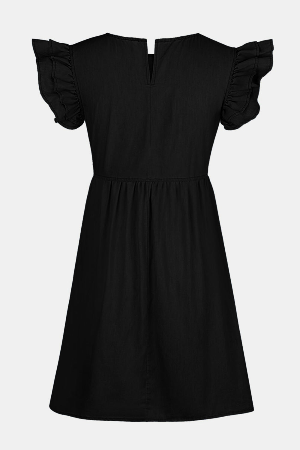 VYSN full size denim dress with ruffled round neck and cap sleeves, casual fashion clothing for women.
