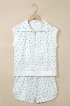 Floral print half zip top and matching short set by Shopimist, lightweight fabric, vibrant floral design, casual summer outfit