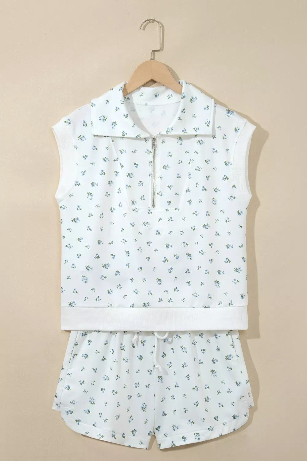 Floral print half zip top and matching short set by Shopimist, lightweight fabric, vibrant floral design, casual summer outfit