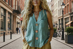 FitiqueFit cotton-linen sleeveless V-neck button shirt in three colors, casualwear for women, size S to 2XL.