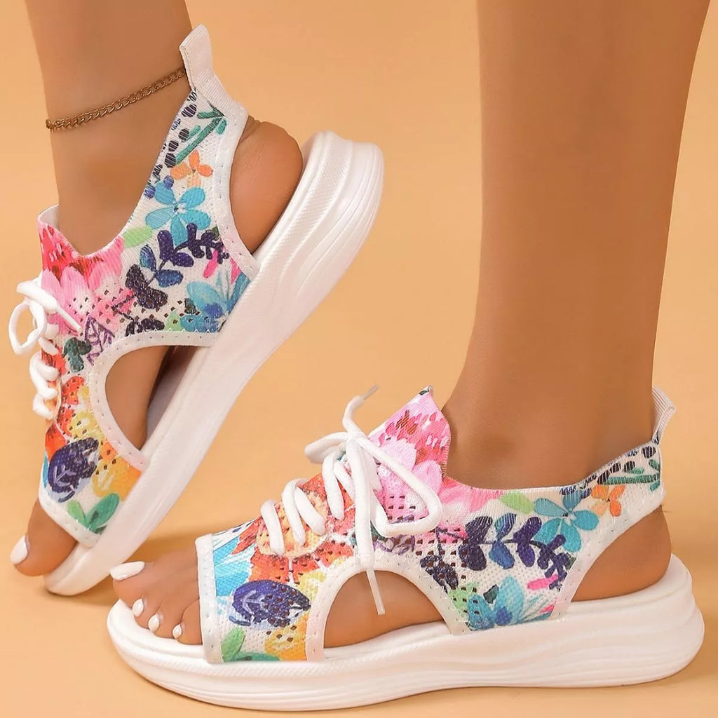 Shopimist tie-dye breathable mesh sandals with colorful woven straps and cushioned soles, ideal for casual summer wear.