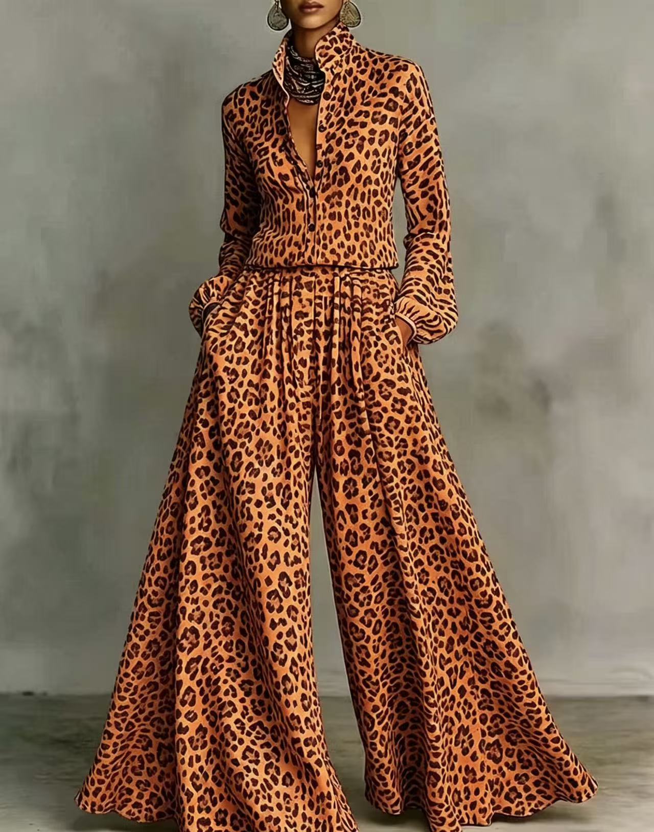 Leopard print wide-leg pants set for women, casual two-piece outfit by Plush Fashion Hub, displayed on a hanger.