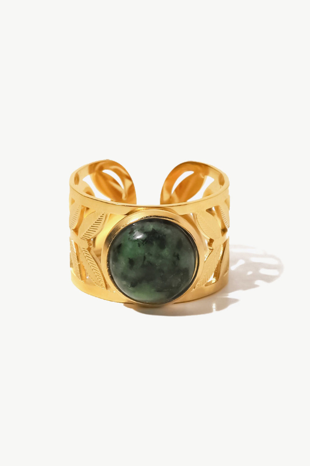 18k gold plated malachite leaf ring with intricate design, showcasing vibrant green stone and delicate leaf detailing.
