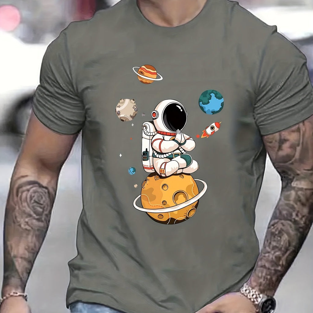 Men’s astronaut graphic streetwear shirt by Plush Fashion Hub featuring a bold space-themed design on front.