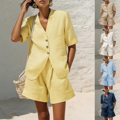 Women's cotton-linen loose-fit T-shirt and cropped shorts two-piece casualwear set by FitiqueFit, shown laid flat.