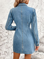 VYSN denim dress with long sleeves, button-up front, and chest pockets, styled as a casual pocketed button-up long sleeve denim dress.