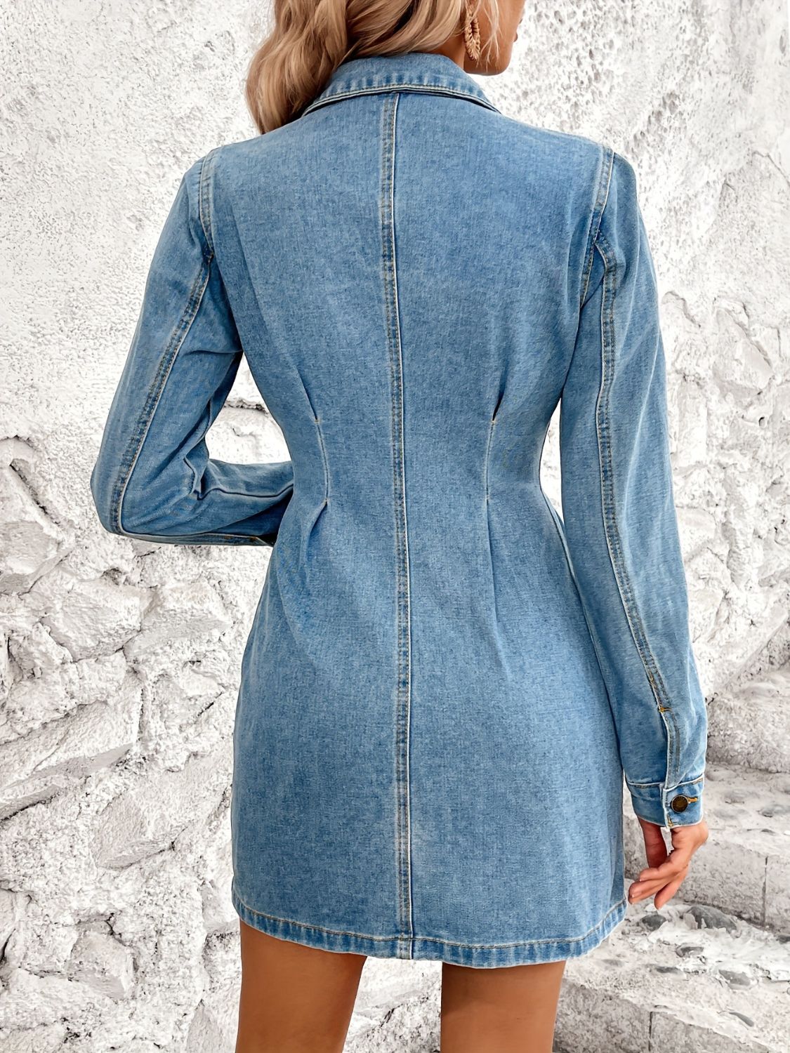 Plush Fashion Hub denim long sleeve button-up dress with pockets, casual fashion piece in classic blue denim.
