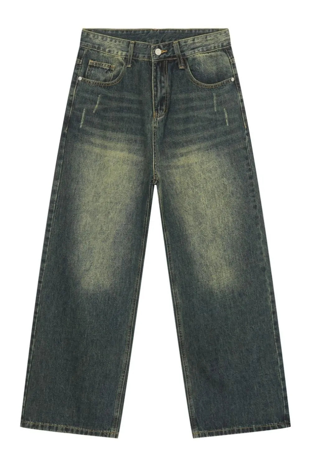 Plush Fashion Hub baggy denim jeans with multiple pockets, relaxed fit and casual style, shown from front view.