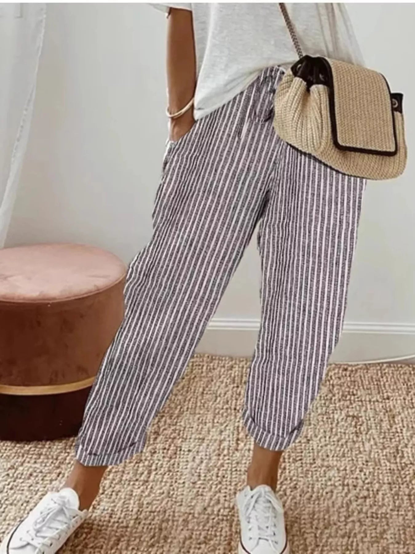 Striped plush fashion hub cropped pants with a relaxed fit, featuring bold horizontal stripes and a comfortable waistband.