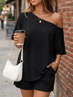 Plus size one-shoulder top and matching shorts set from Plush Fashion Hub, stylish and comfortable casual wear for women.