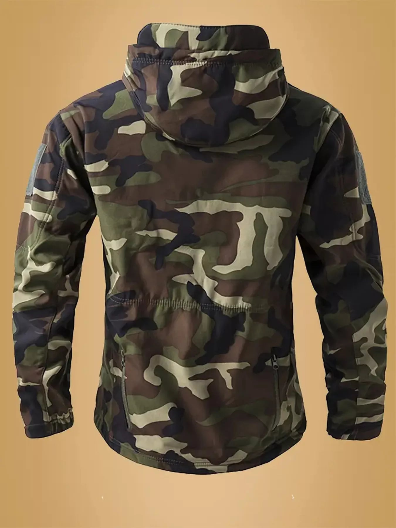 Men's camouflage zip-up hooded jacket by Shopimist, featuring a front zipper and adjustable hood, suitable for outdoor wear.