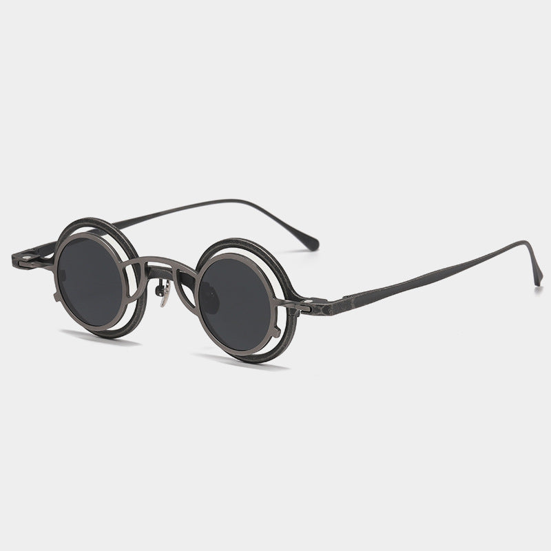 Pure titanium small round sunglasses by Plush Fashion Hub featuring retro-style luxury eyewear with sleek round frames.