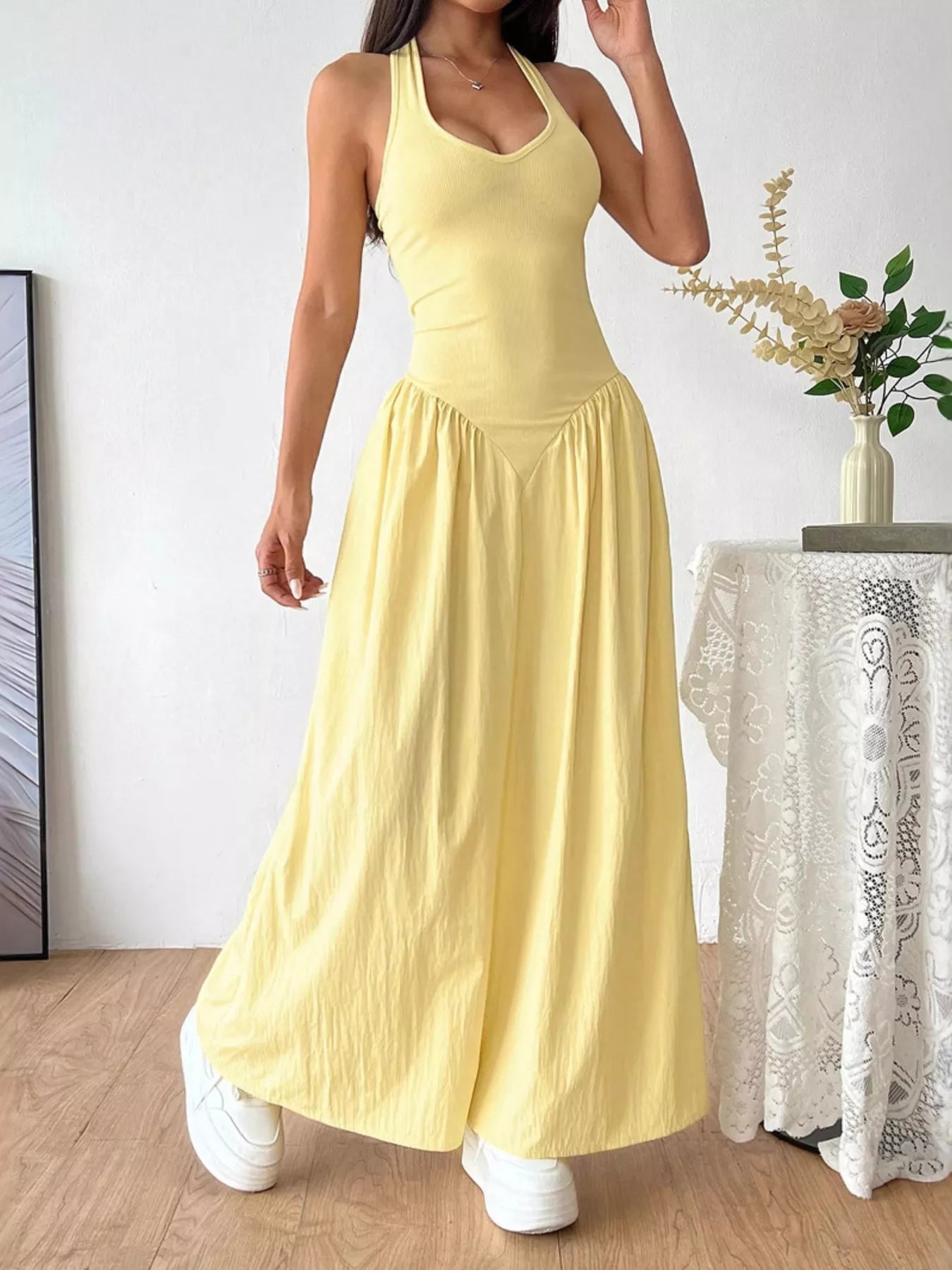 Shopimist halter neck ruched maxi dress featuring a flowing silhouette and elegant design, perfect for summer occasions.