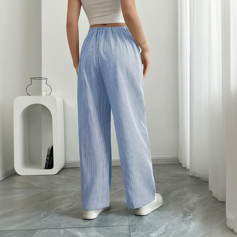 Women's striped print wide-leg casual pants with pockets by FitiqueFit, featuring a straight fit and comfortable long style.