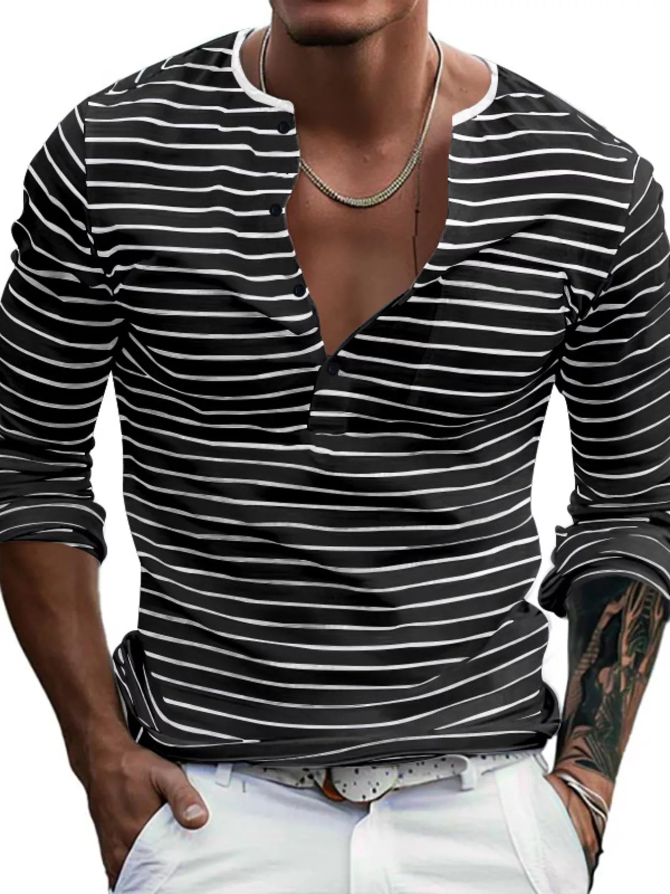 Plus size men's striped long sleeve T-shirt by Plush Fashion Hub, showing a comfortable fit and stylish design.
