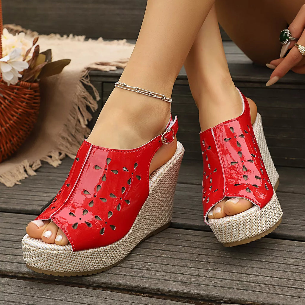Shopimist peep toe wedge sandals with tan leather straps and chunky heel, stylish summer footwear for women.
