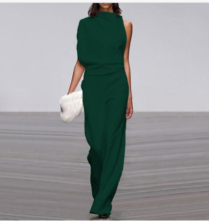 Solid color one-shoulder jumpsuit with a pile collar from Plush Fashion Hub, featuring a sleek and stylish design.