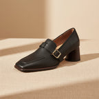 Women's retro British style chunky heel leather shoes with round toe, ideal for commuting, by Plush Fashion Hub.