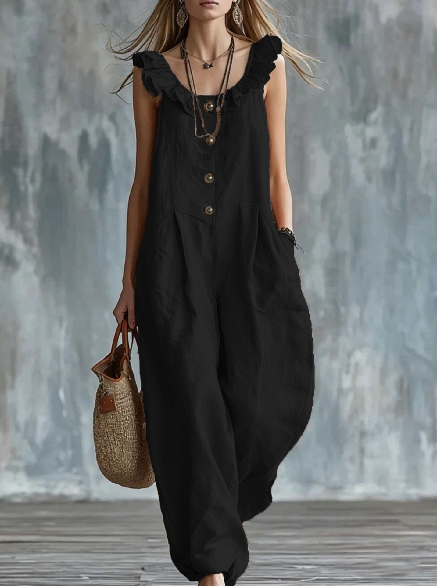 Women's sleeveless button-down tank jumpsuit by Plush Fashion Hub, casualwear with a relaxed fit and adjustable straps.
