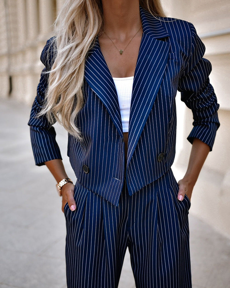 Women's spring striped suit by Plush Fashion Hub featuring a cropped long sleeve top and straight pants, casual and stylish outfit.