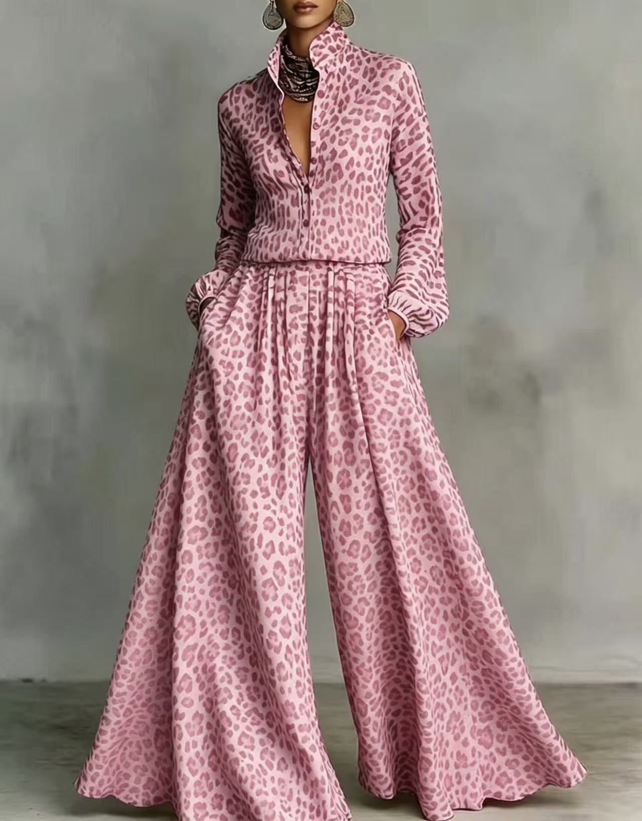 Leopard print wide-leg pants set for women by Plush Fashion Hub, casual two-piece outfit with relaxed fit and fashionable design.