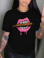 Women’s Lips Print Crew-Neck Tee by FitiqueFit, featuring bold lips graphic on a casual streetwear crew neck shirt.