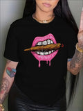 Women’s Lips Print Crew-Neck Tee from FitiqueFit, streetwear style, featuring a bold lips graphic on soft cotton fabric.