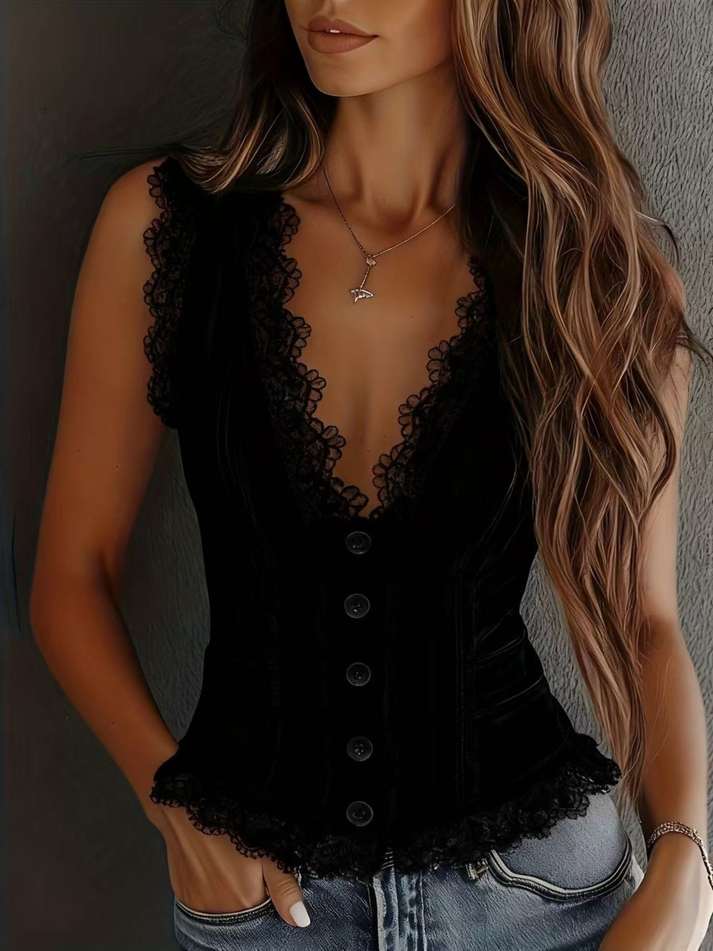 Lace trim button-down crop tank vest for women by FitiqueFit, casualwear with delicate lace details and sleeveless design.