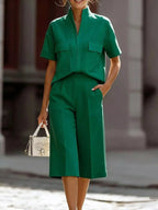Plus size Shopimist short sleeve top and wide leg pants set, casual and comfortable clothing ensemble for everyday wear.