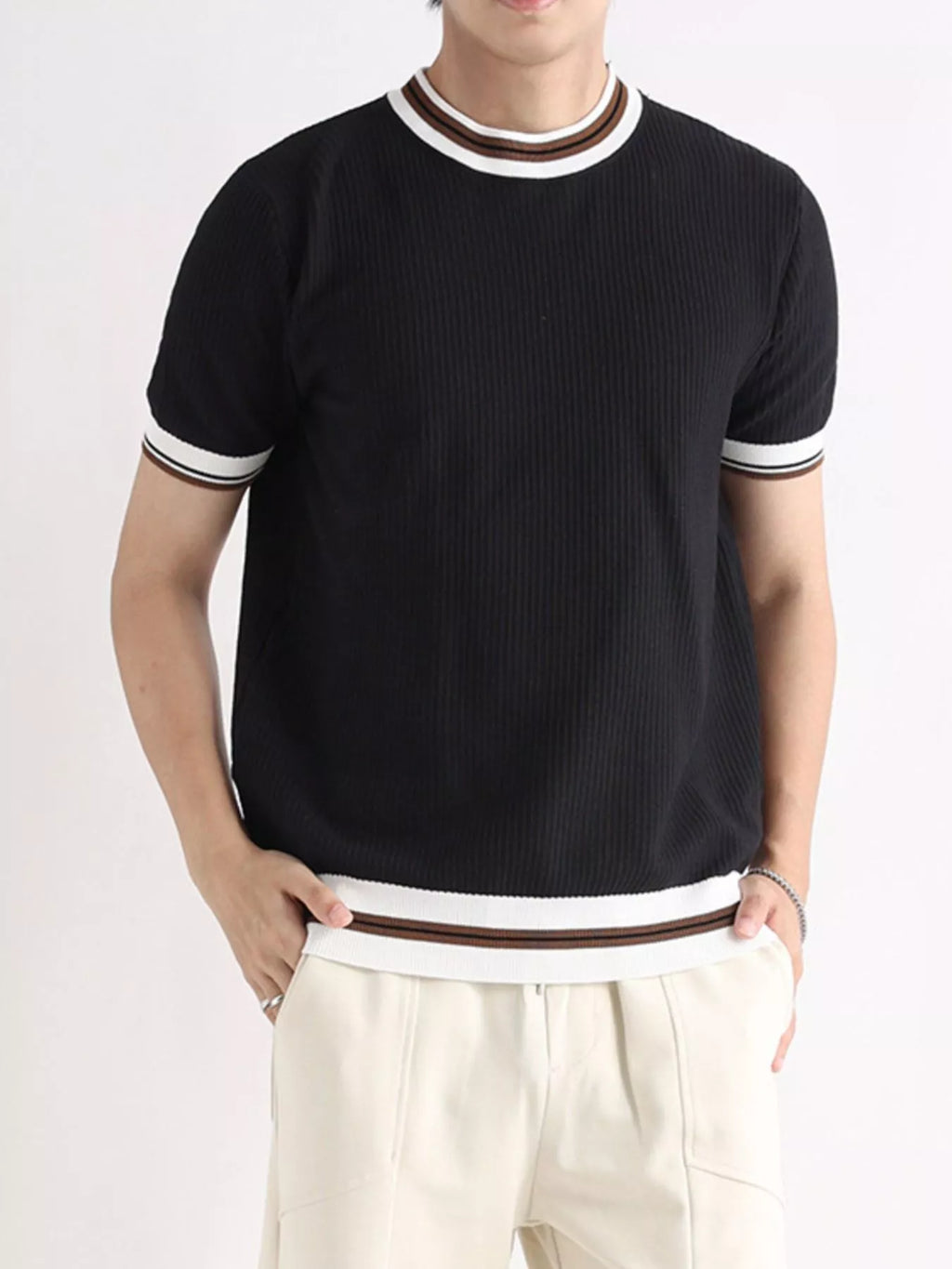Men's plus size contrast trim shorts sleeve T-shirt from Trendsi, featuring a casual fit with contrasting trim details.