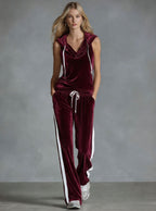 Women's velvet wide-leg pants and sleeveless top set from Plush Fashion Hub, stylish activewear with a comfortable fit.