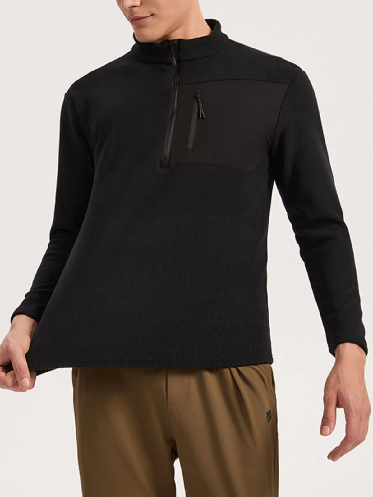Men's plus size fleece sweatshirt with half-zip, chest pocket, casual style, from Trendsi, shown in dark blue fabric.