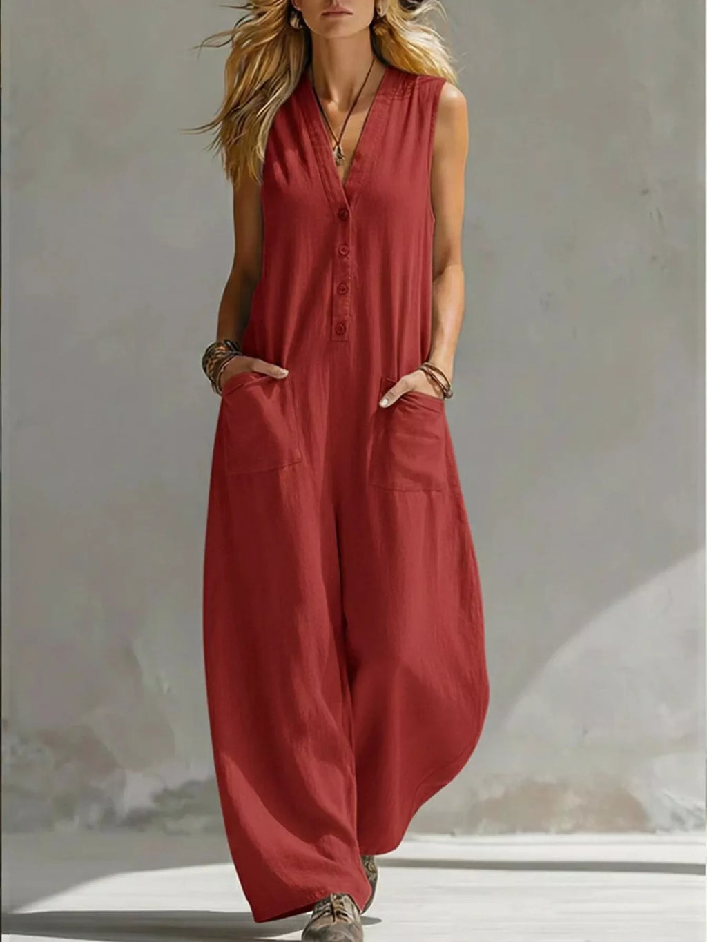 Plus size Shopimist v-neck sleeveless wide-leg jumpsuit with full-length design, stylish and comfortable for casual wear.